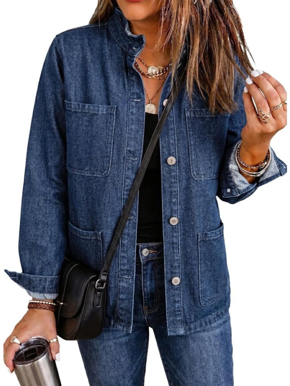 Women's Denim Button Down Ruffle Casual Oversized Cropped Jacket with Pockets